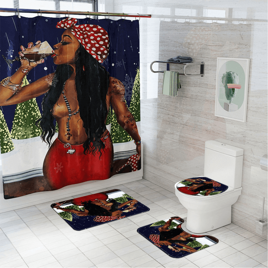 Christmas African Girl Printing Bathroom Shower Curtain Set Toilet Cover Mat Bathroom Non-Slip Mat Rug Kit - MRSLM