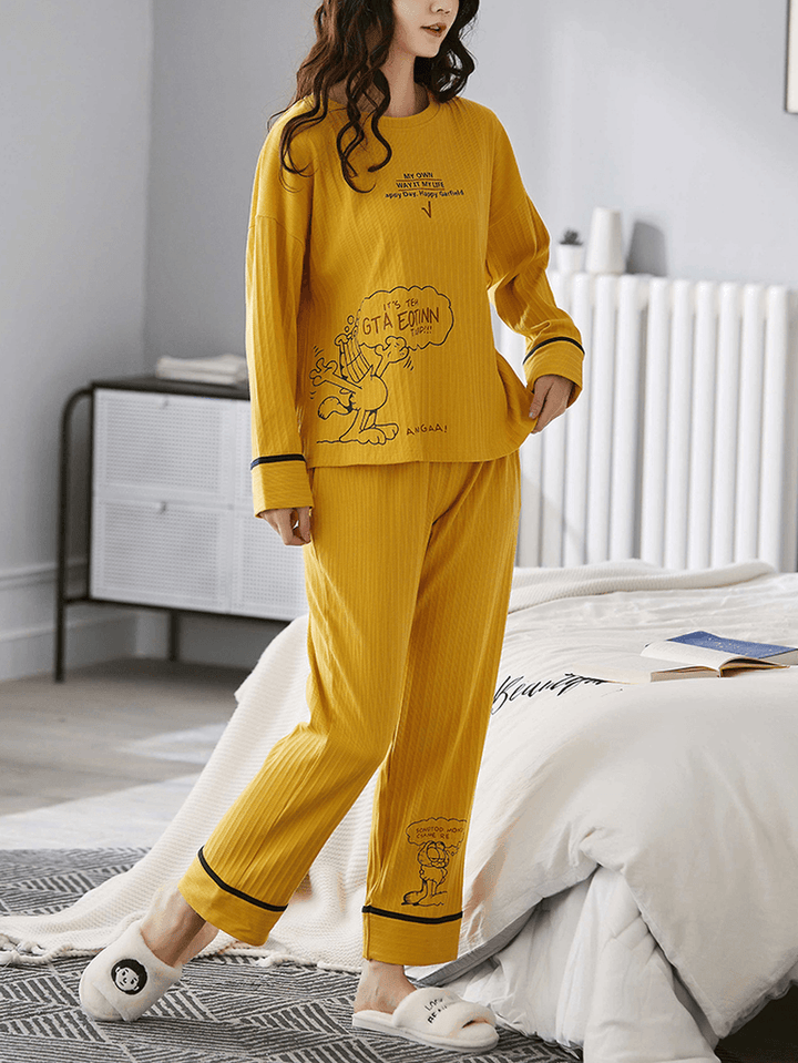 Women Ribbed Letter Print Cartoon Graffiti Pullover Elastic Waist Pocket Home Casual Yellow Pajama Set - MRSLM