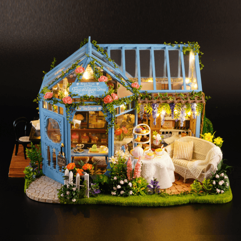 Cute Room Rose Garden Tea House DIY Handmade Assemble Doll House Kit Miniature Furniture Kit with Music & LED Effect Toy for Kids Birthday Xmas Gift House Decoration - MRSLM