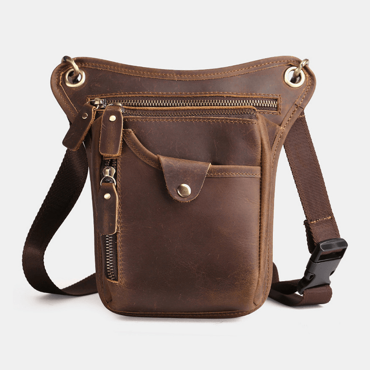 Men Retro Genuine Leather Multi-Pocket Waist Bag Outdoor Sport 6.5 Inch Phone Bag Zipper Crossbody Bags Shoulder Bag - MRSLM