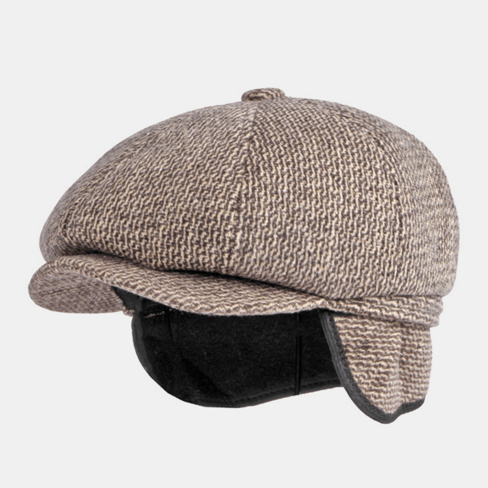 Men British Retro Ear Protection Woolen Octagonal Hat Middle-Aged and Elderly Winter Warm Cool Protection Newsboy Hat - MRSLM