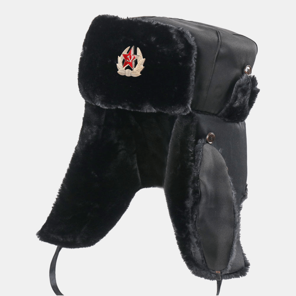 Men Soviet Badge Thicken plus Velvet Trapper Hat Winter Cycling Warm Ear Protection Windproof Russian Hat Ushanka Hat - MRSLM