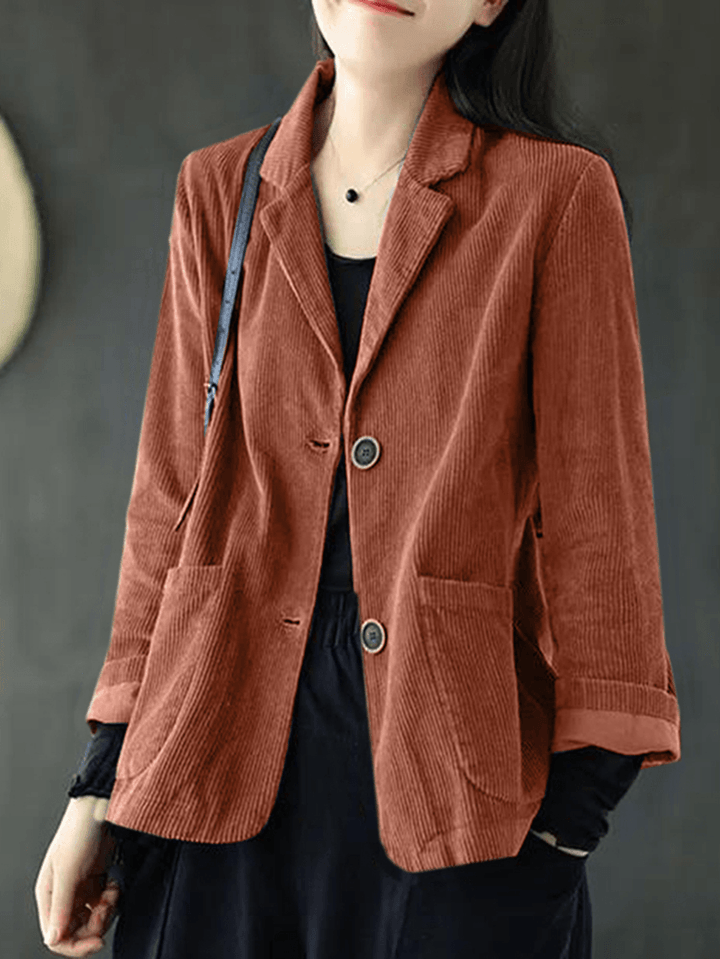 Women Corduroy Solid Korean Style Button down Front Pockets Coats - MRSLM