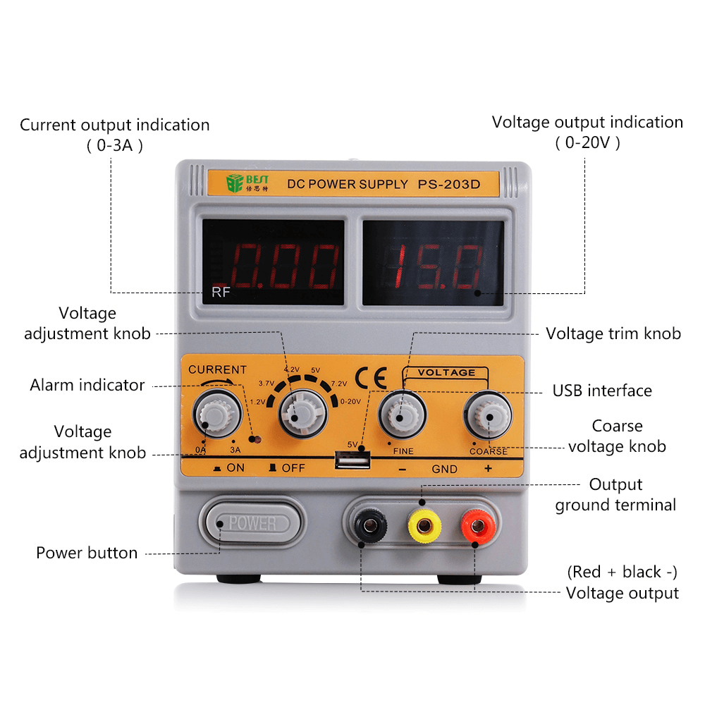 BEST PS-203D 0-20V 0-3A Adjustable DC Power Supply W/ GSM Signal Detection for Mobile Phone Maintenance - MRSLM