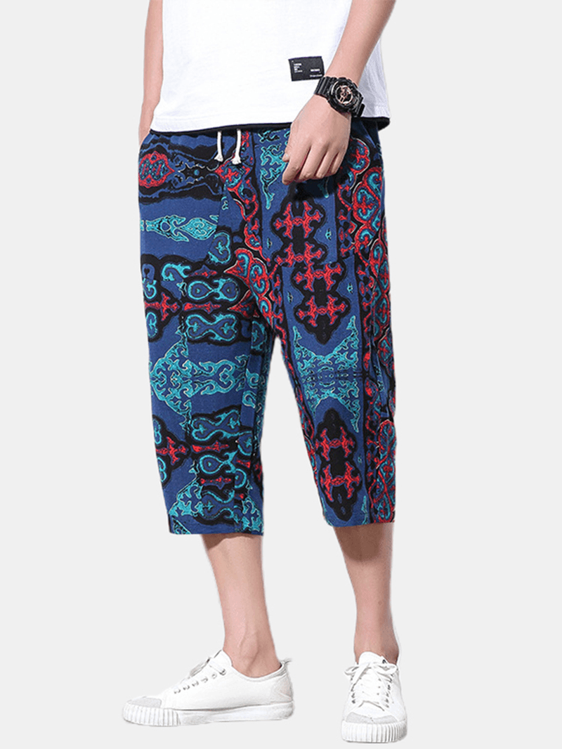 Mens Vintage Ethnic Print Loose Casual Calf-Length Drawstring Pants - MRSLM