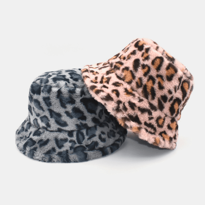 Women Lamb Hair Warm Soft Leopard Pattern Casual Personality Bucket Hat - MRSLM