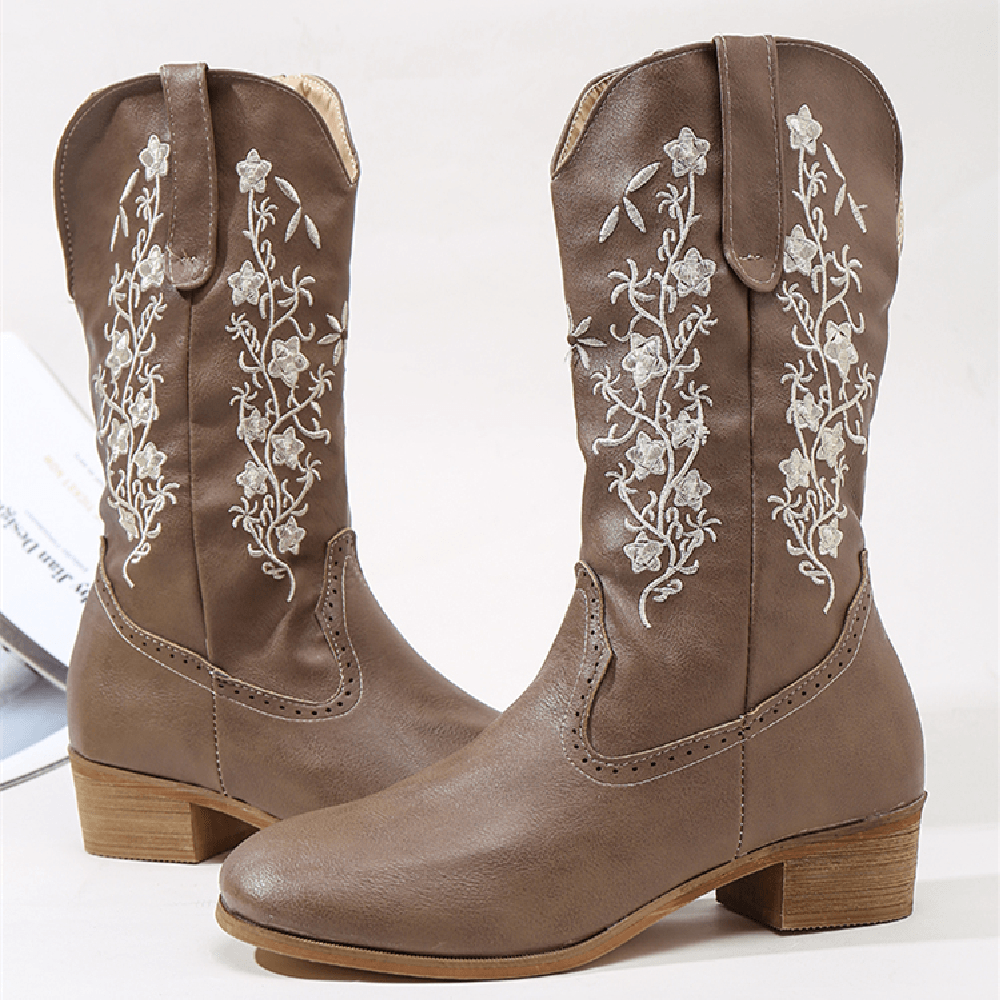 Retro Flowers Square Toe Slip on Mid-Calf Block Heel Cowboy Boots for Women - MRSLM