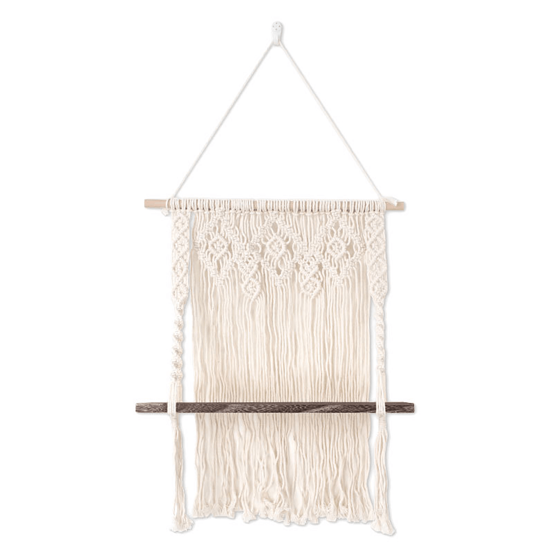 Macrame Plant Hanger Platform Basket Bohemian Hand Woven Tapestry Wood Pot Shelf - MRSLM