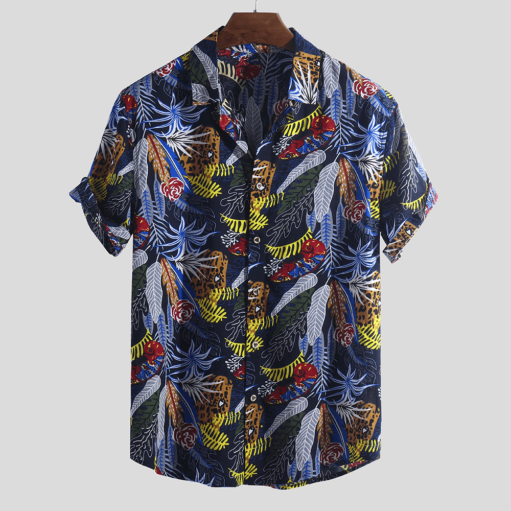 Men Hawaiian Colorful Leaf Printed Short Sleeve Loose Shirts - MRSLM