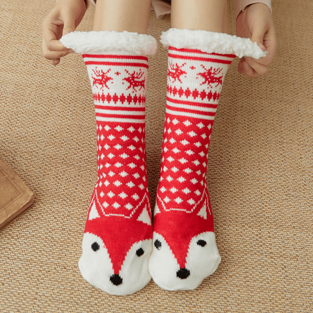 Women Warm Winter Outdoor Christmas Style Cartoon Animals Pattern plus Velvet Thicken Home Sleep Socks Tube Socks - MRSLM