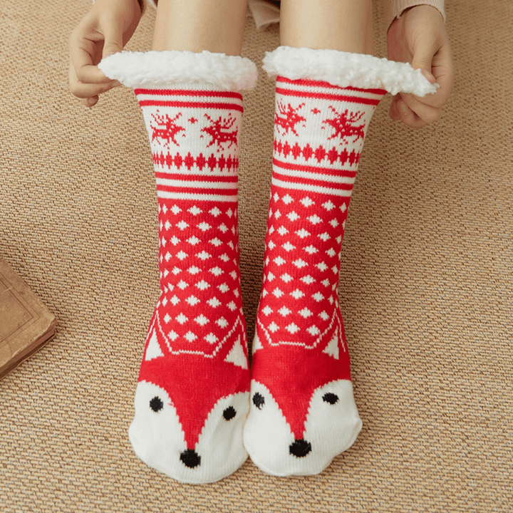 Women Warm Winter Outdoor Christmas Style Cartoon Animals Pattern plus Velvet Thicken Home Sleep Socks Tube Socks - MRSLM