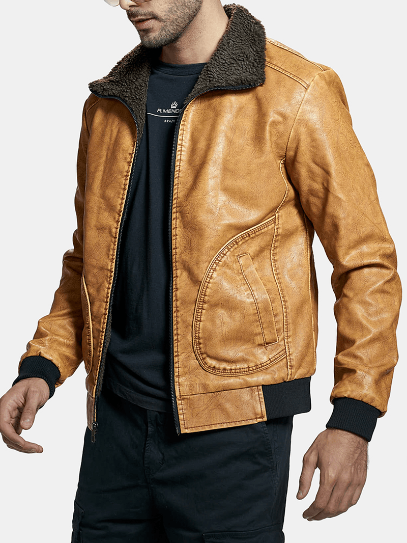 Mens Zip-Up Velvet Lined Stand Collar PU Leather Jackets - MRSLM