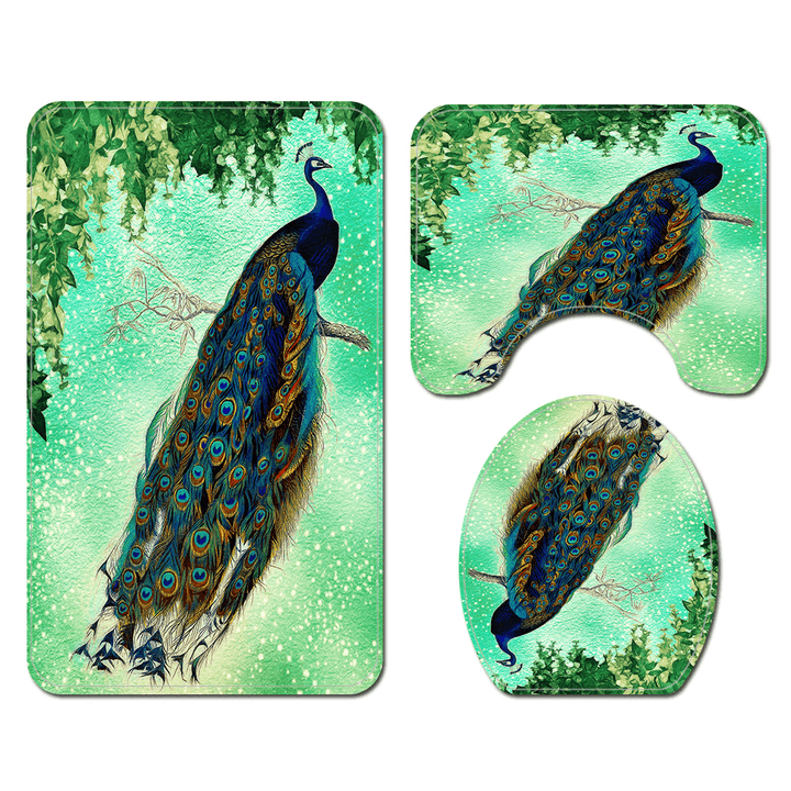 4Pcs Peacock Print Shower Curtain Floor Mat Bathroom Mat Bath Creat Decor - MRSLM