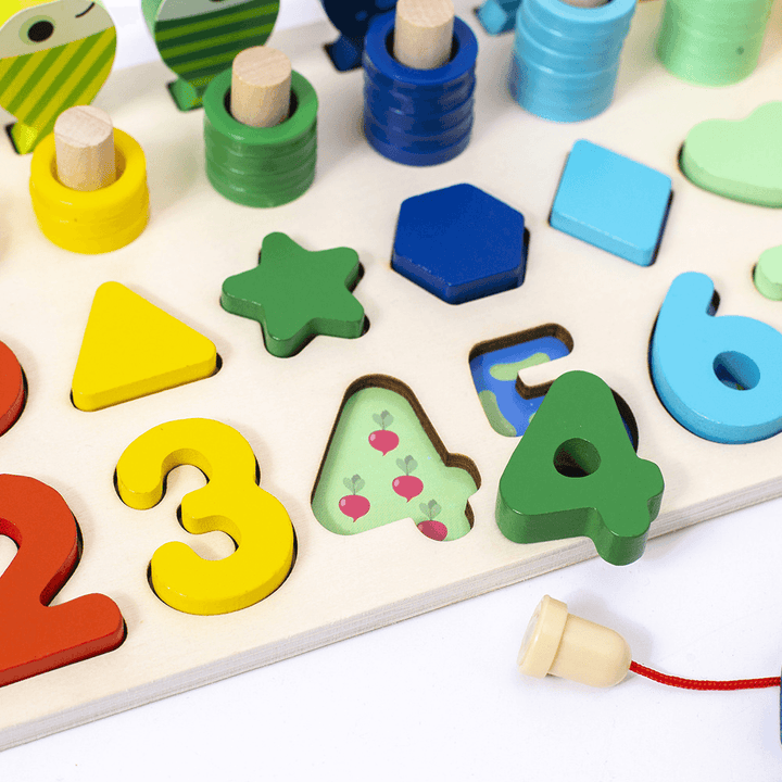 Wooden Educational Children'S Toy Three-In-One Color Number Shape Matching Puzzle - MRSLM