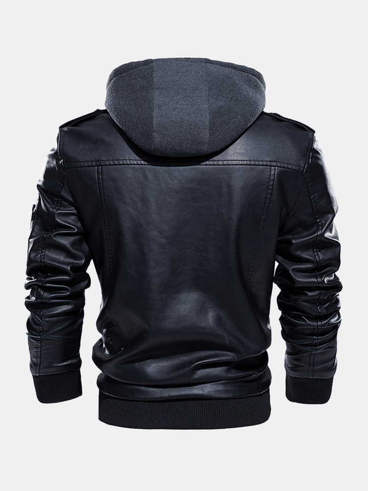 Mens Hooded Zipper Pocket Washing PU Leather Jackets - MRSLM