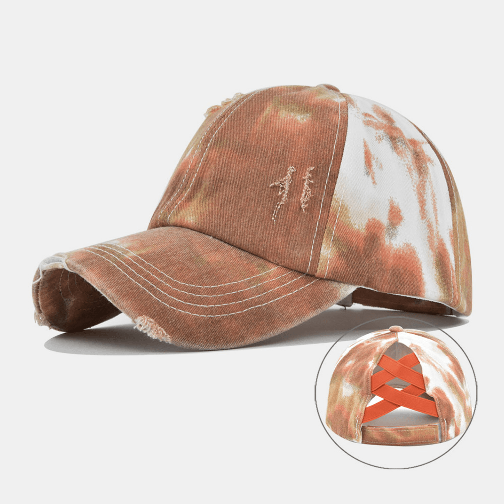 Unisex Colored Tie-Dye Ponytail Baseball Cap Broken Hole Big Brim Breathable Stretch Fit Cap - MRSLM