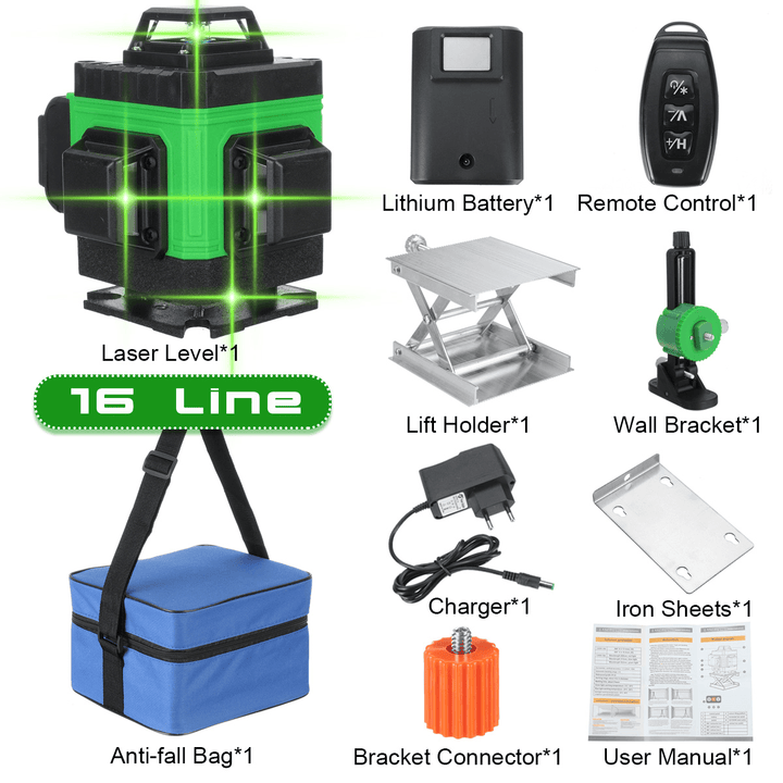 16/12/8 Line 4D 360° Horizontal Vertical Cross Green Light Laser Level Self-Leveling Measure Super Powerful Laser Beam - MRSLM