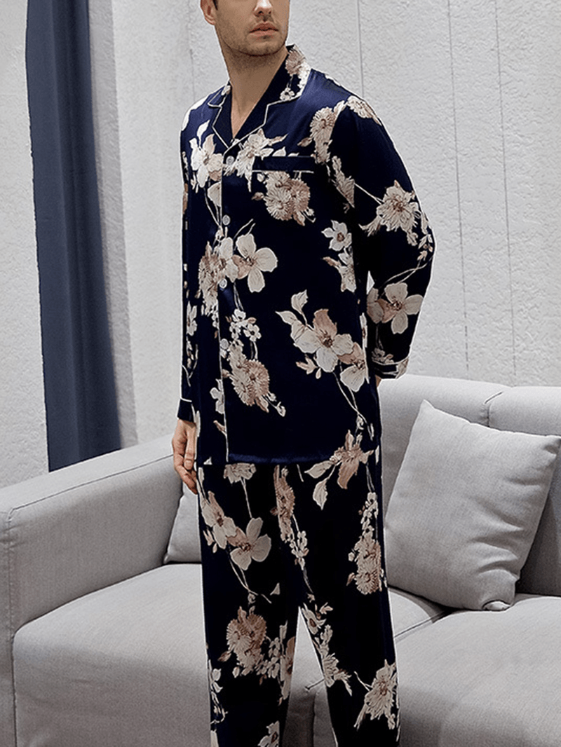 Mens Floral Print Revere Collar Long Sleeve Pajamas Sets with Contrast Binding - MRSLM