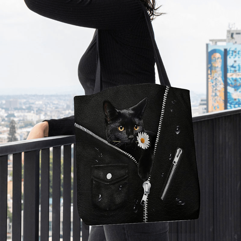 Women Canvas Cute Three-Dimensional 3D Black Cat with Flower Pattern Shoulder Bag Handbag Tote - MRSLM