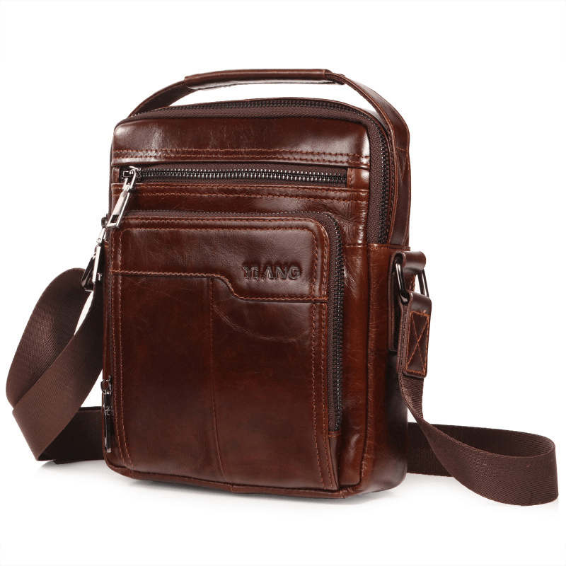 Men Genuine Leather Business Multi-Pocket Shoulder Bag Phone Bag - MRSLM