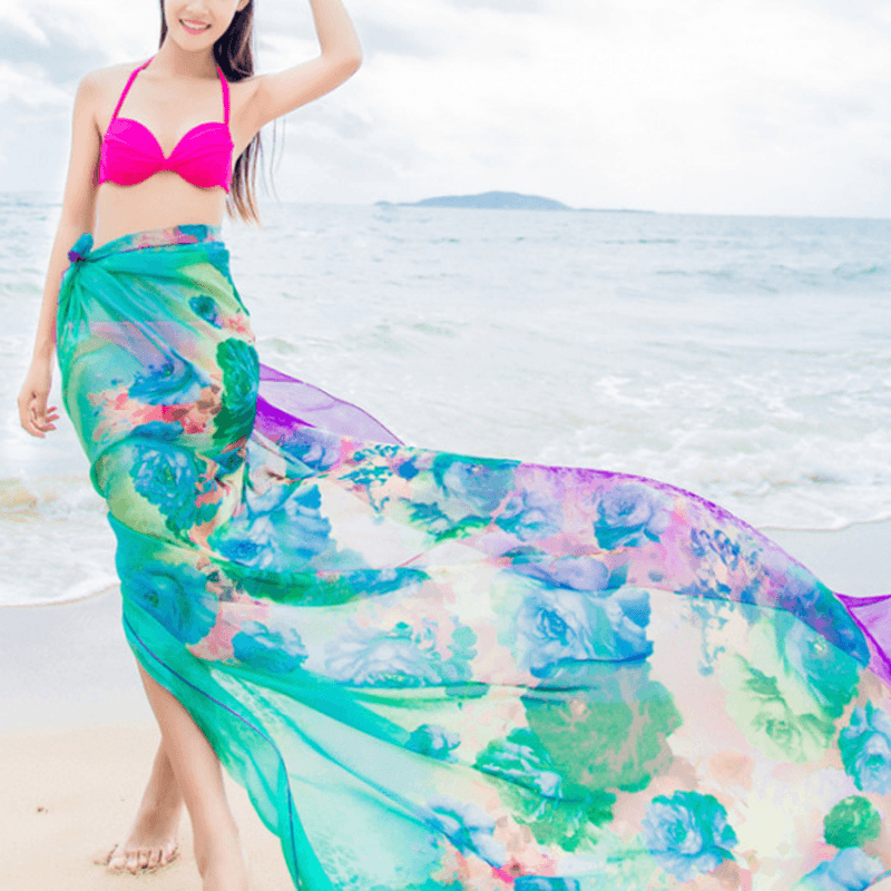 Women Sexy Silk Floral Printed Beach Towel Summer Thin Sunscreen Soft Shawls Dual Wraps - MRSLM