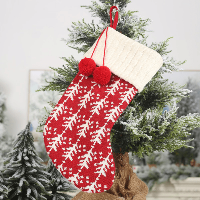 Knitted Christmas Stockings Gift Holders with Two Pom-Poms Xmas Tree Fireplace Hanging Ornaments Chrismas Decorations Sock - MRSLM