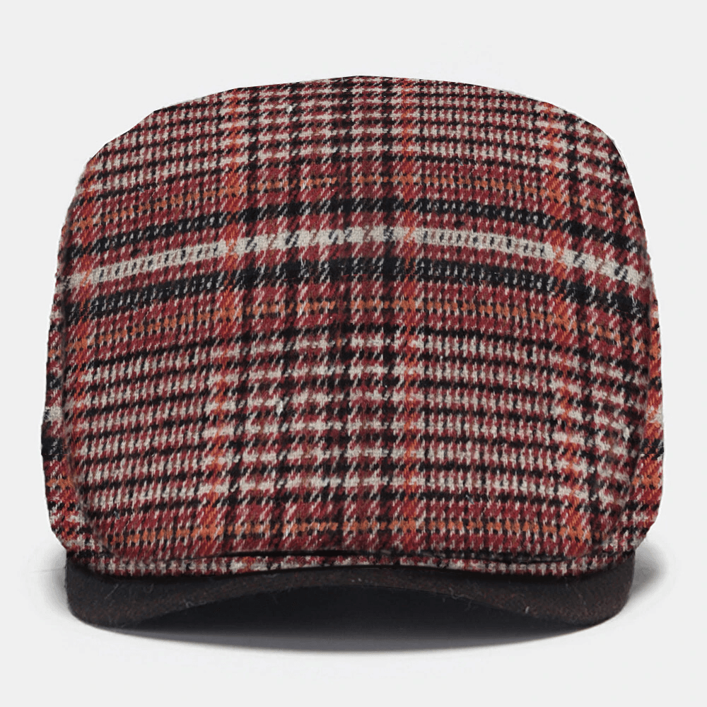 Collrown Men Plaid Knitted Beret Flat Cap Side Metal Label Adjustable Newsboy Hat - MRSLM