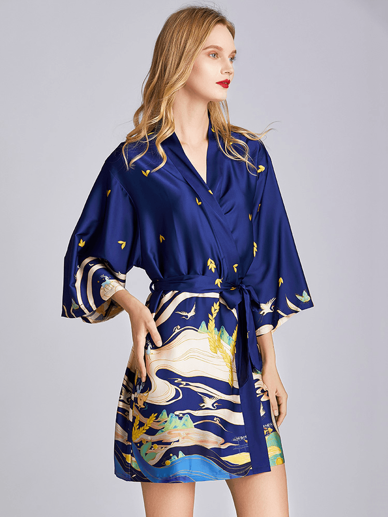 Summer V-Neck 3/4 Sleeve Printed Short Bathrobe Nightgown - MRSLM