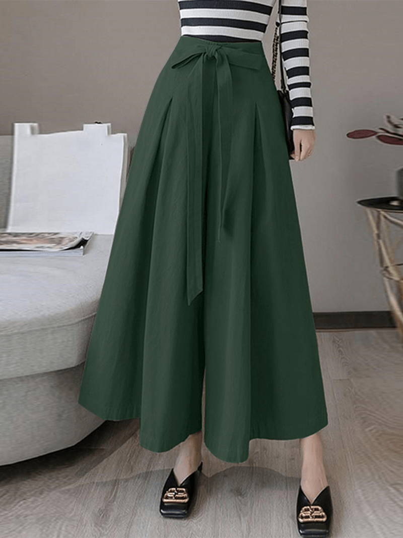 Women Solid Color Tie Front Casual Wide Leg Pants with Pocket - MRSLM