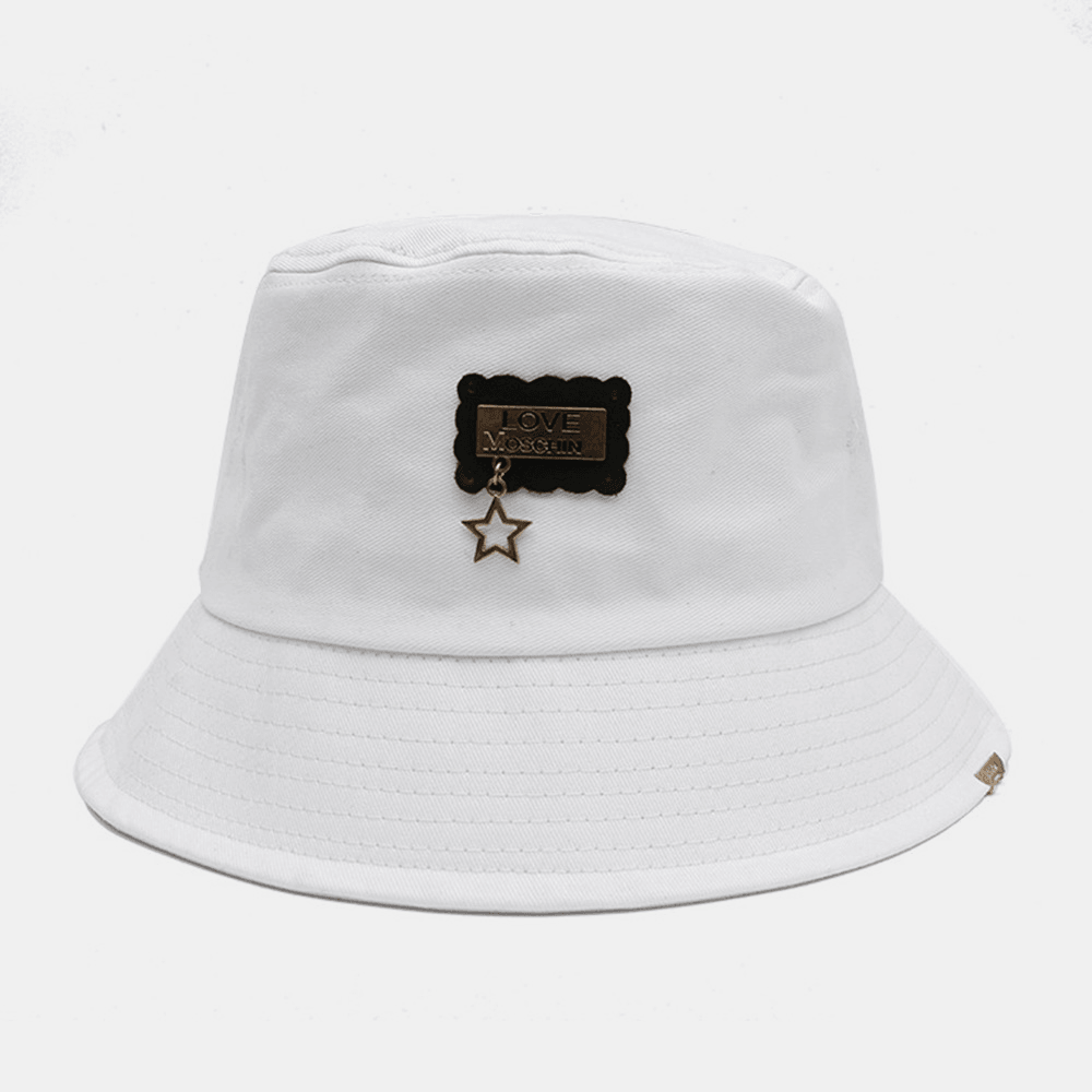 Unisex Cotton Wide Brim Metal Label Bucket Hat Outdoor Wild Five-Pointed Star Pendant Anti-Uv Sunshade Hat - MRSLM