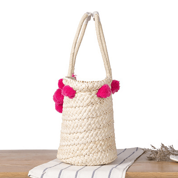 Women Woven Straw Beach Handbag Travel Plush Ball Bag Tote Bag - MRSLM