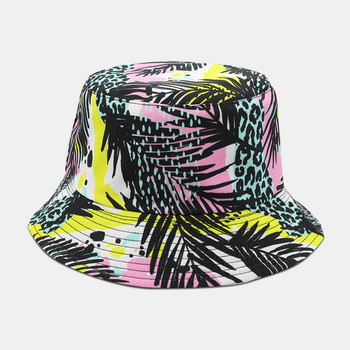 Unisex Double-Side-Wear Overlay Colorful Plant Graffiti Sunshade Bucket Hat Beach Hat - MRSLM