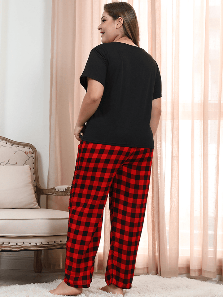 Women plus Size Loungewear Short Sleeve Tops with Striped Pants Casual Pajama Set - MRSLM