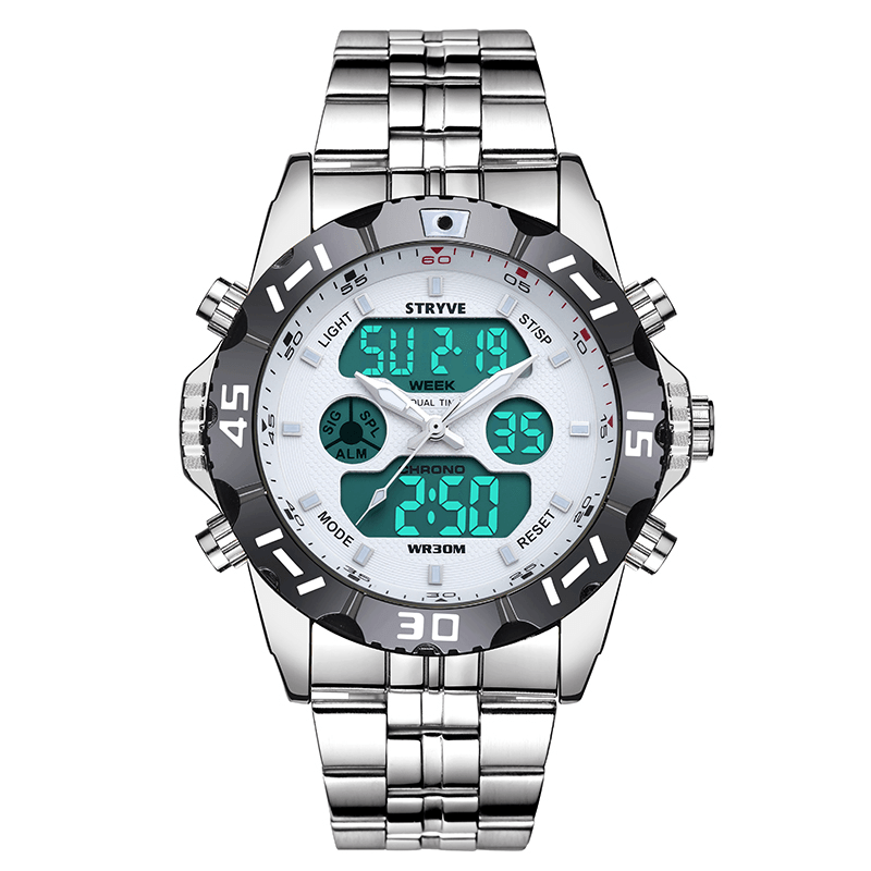 STRYVE S8011 Chronograph Alarm Calendar Stainless Steel Sport Dual Display Digital Watch - MRSLM