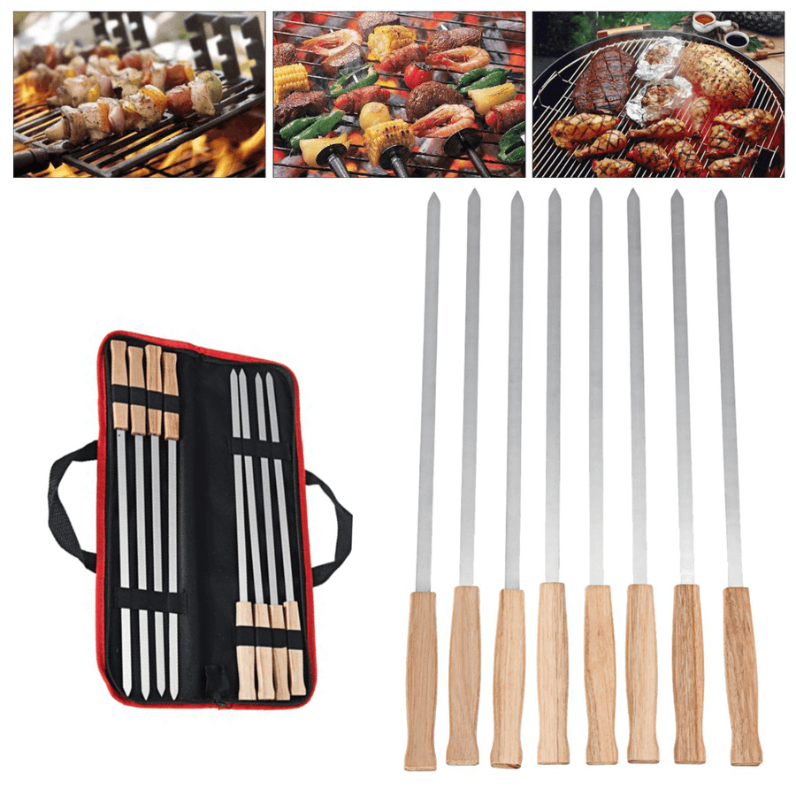 6Pcs Kebab BBQ Stainless Steel Skewers with Wooden Handles Roasting Pin Barbecue Fork Wooden Handle for Picnic - MRSLM