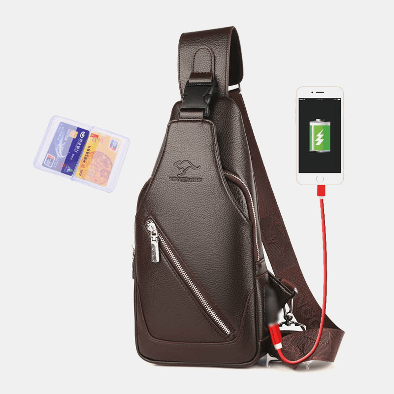 Men PU Leather USB Charging Waterproof Earphone Hole Business Crossbody Bag Chest Bag Sling Bag - MRSLM