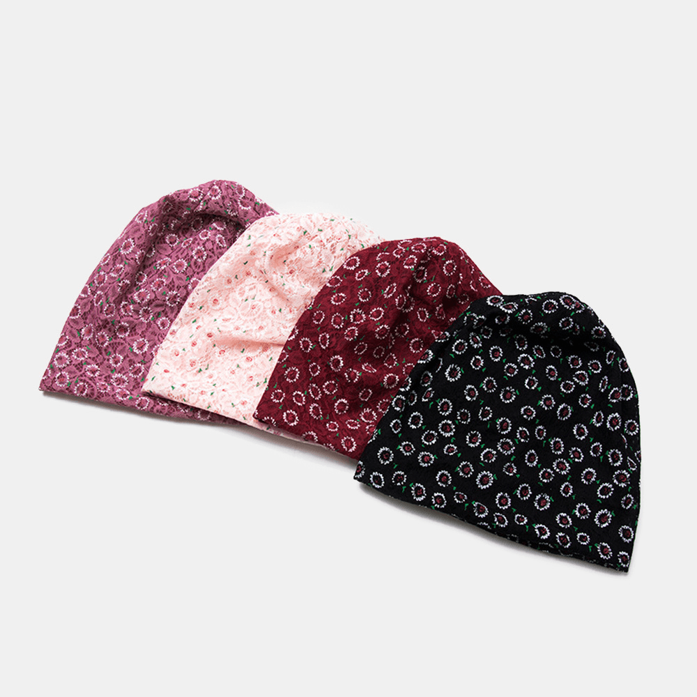 Women Lace Floral Pattern Printed Hollow Breathable Sun Protection Beanie Hat Baotou Hat - MRSLM