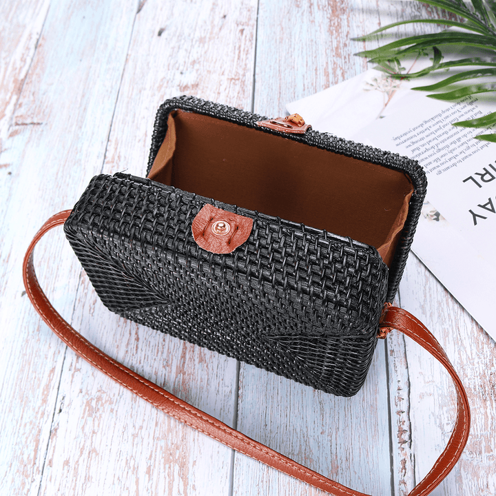 2L Straw Bag Rattan Woven Crossbody Beach Bag Handbag Outdoor Travel - MRSLM