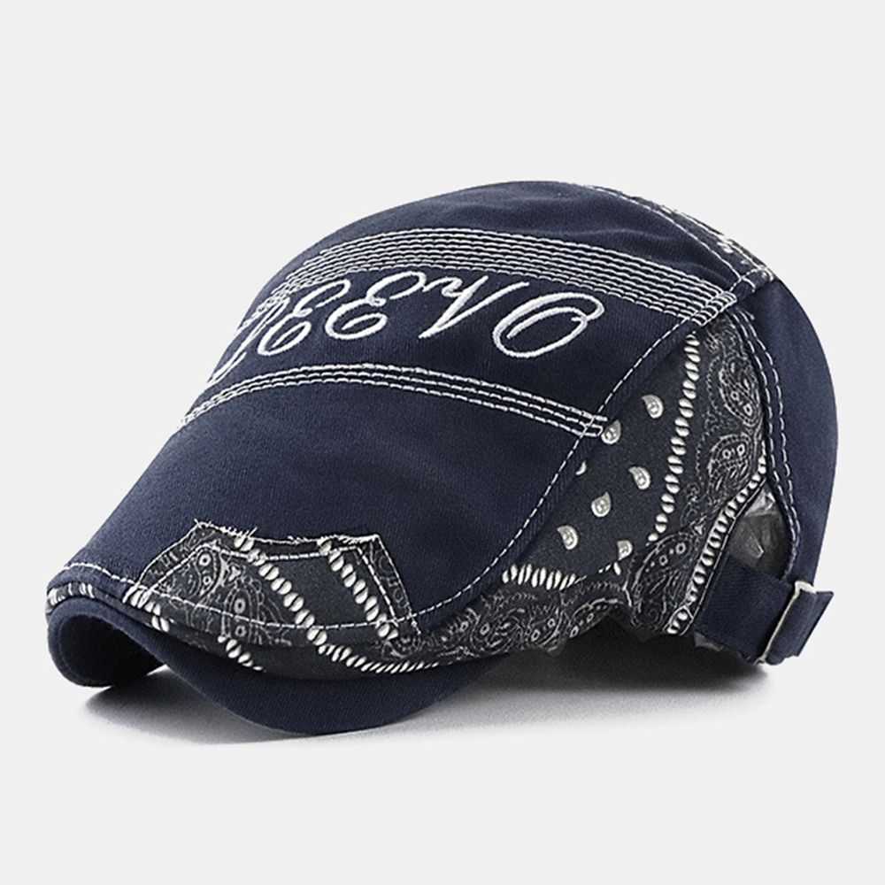Men Big Brim Letter Embroidery Stitching Forward Hat Ethnic Adjustable Breathable Beret Flat Cap Driver Hat - MRSLM