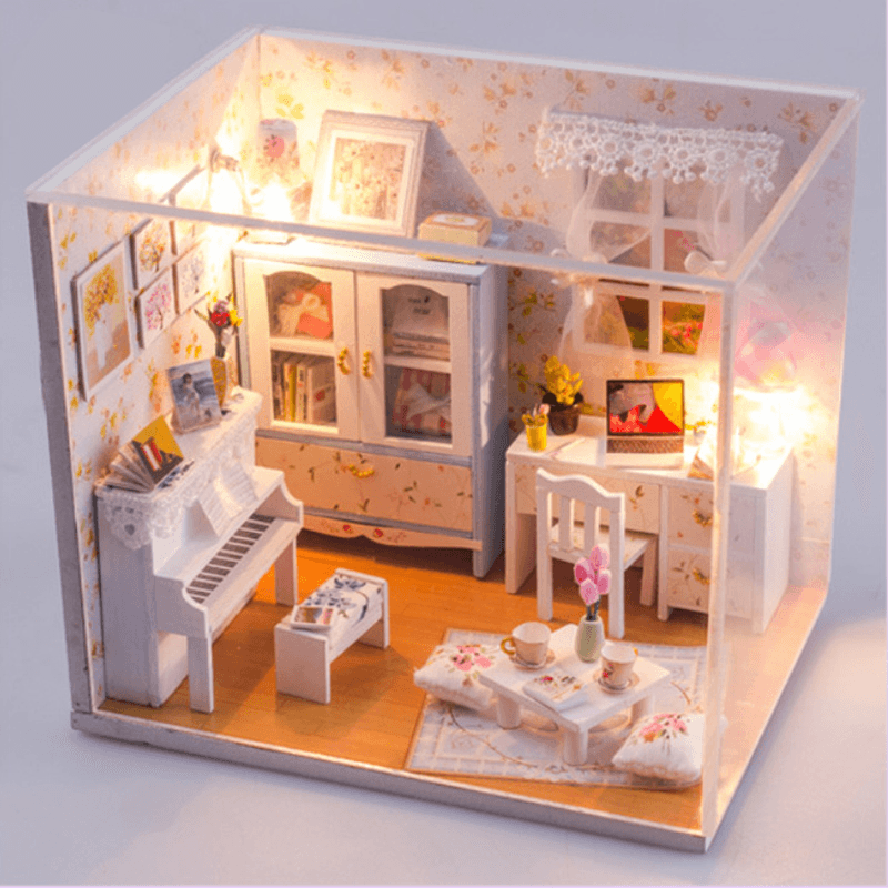 Wooden DIY Handmade Assemble Miniature Doll House Kit Toy with LED Light Dust Cover for Gift Collection Home Decoration - MRSLM