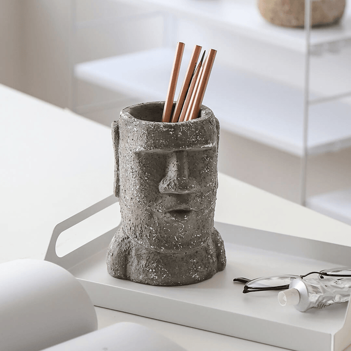 Yuihome Vintage Cement Easter Moai Stone Portrait Organizer Stone Statue Sandstone Flower Pot Pen Holder Desktop Container Decor - MRSLM