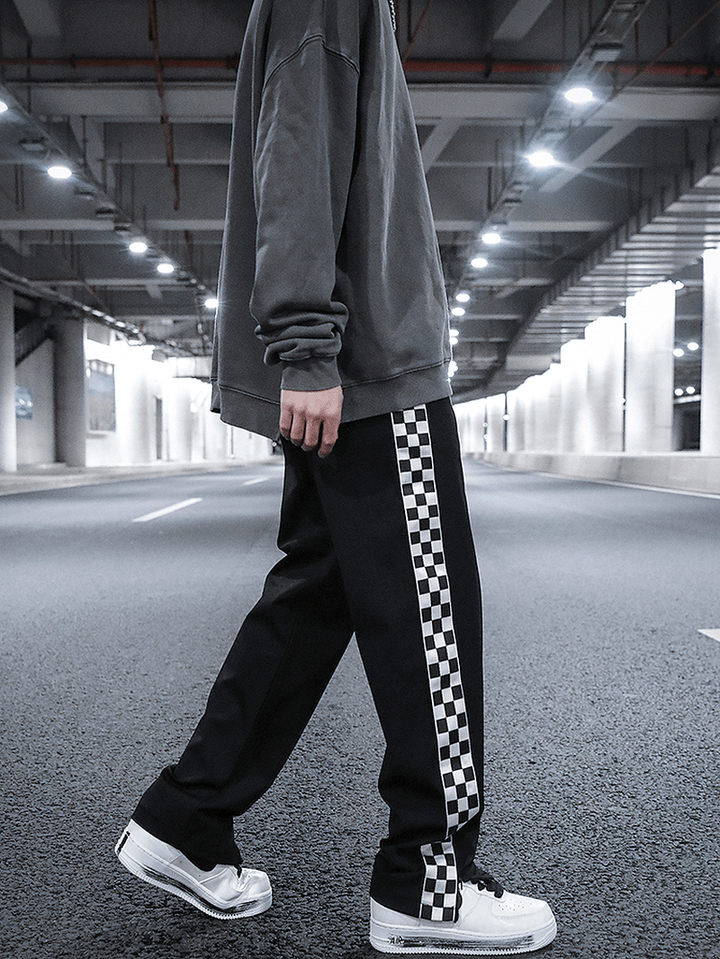 Checkerboard Side Split Straight Leg Sweatpants Hip-Hop Drop Feeling Stacked Drawstring Casual Pants Men - MRSLM