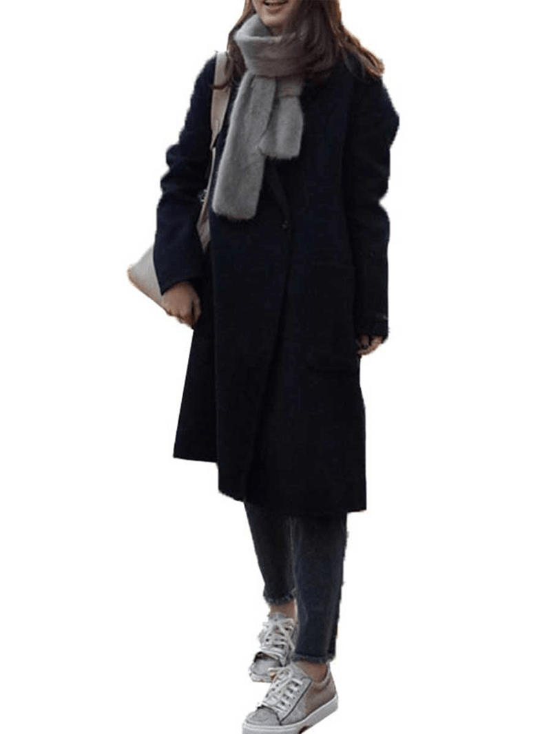 S-5XL Women Loose Turn-Down Collar Button Pocket Wool Outwear Coats - MRSLM