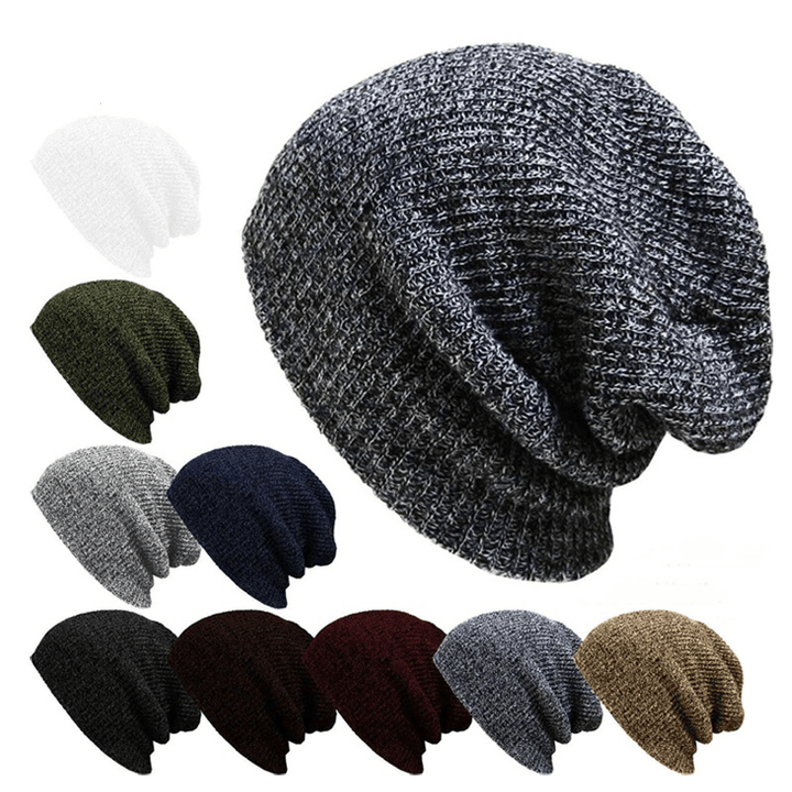 Unisex Men Women Stripe Knitted Slouch Beanie Hat Pure Color Elastic Winter Warm Cap - MRSLM