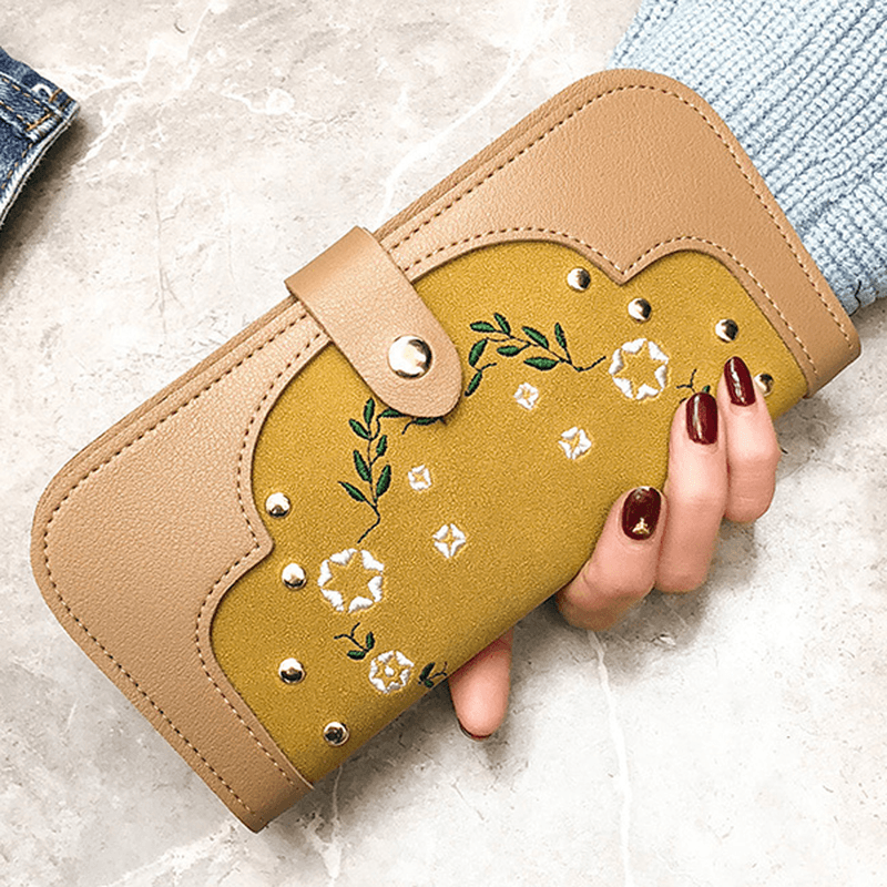 Women Dull Polish PU Leather Flower Pattern Long Wallet - MRSLM