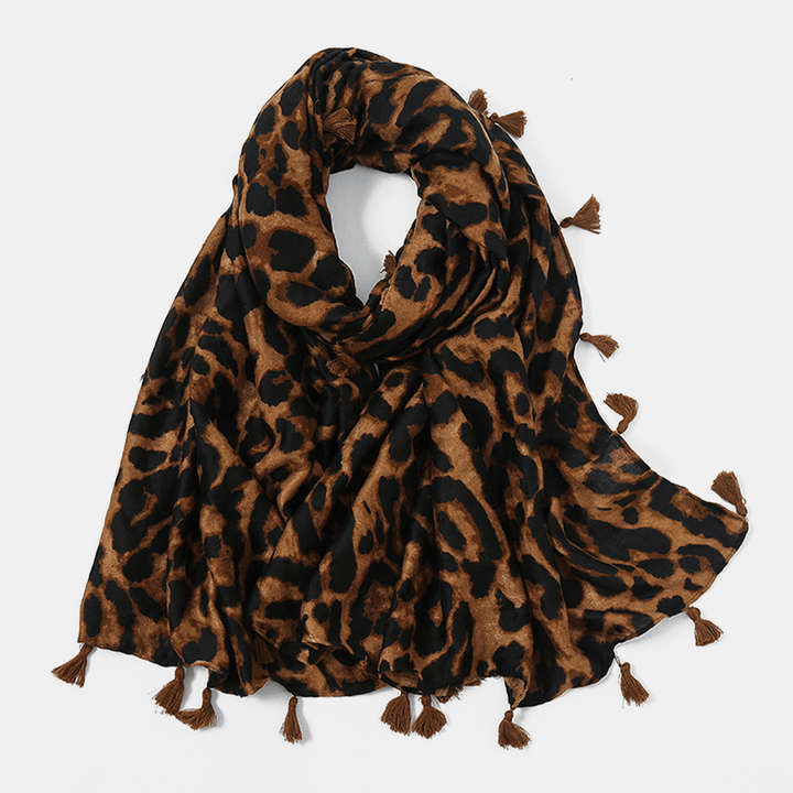 Women Cotton Leopard Warm Scarf Long Tassel Dual-Use Sunshade Shawl - MRSLM