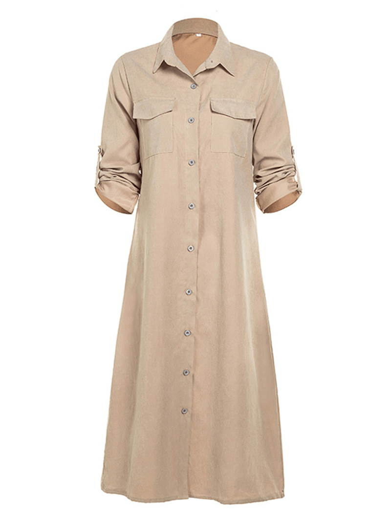 Women Long Adjustable Sleeve Button Turn-Down Collar Long Shirt Dress - MRSLM