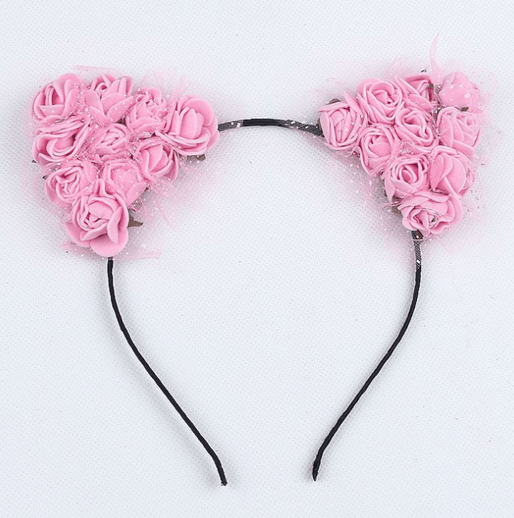 Cheveux Accessoires AWAYTR 2021 Blanc Rose Fleur Chat Oreilles Bandeaux Filles Fleur Bandeau Enfants Faits À La Main Tissu Floral Bandes De Cheveux - MRSLM