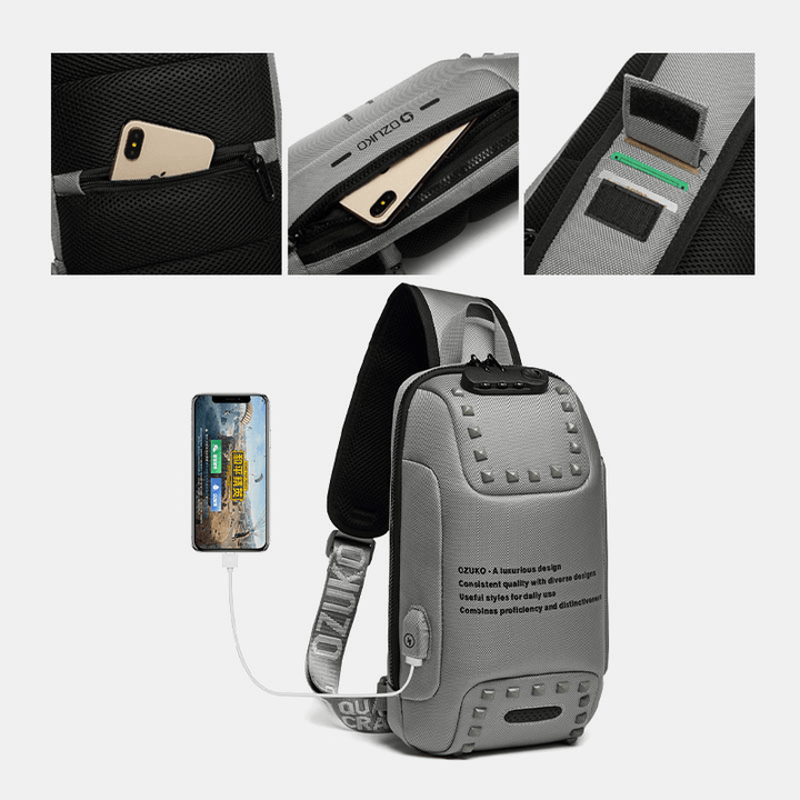 Men Oxford Letter Front Password Lock Anti-Theft Design USB Charging Crossbody Bag Multi-Pockets Multi-Compartments Chest Bag - MRSLM