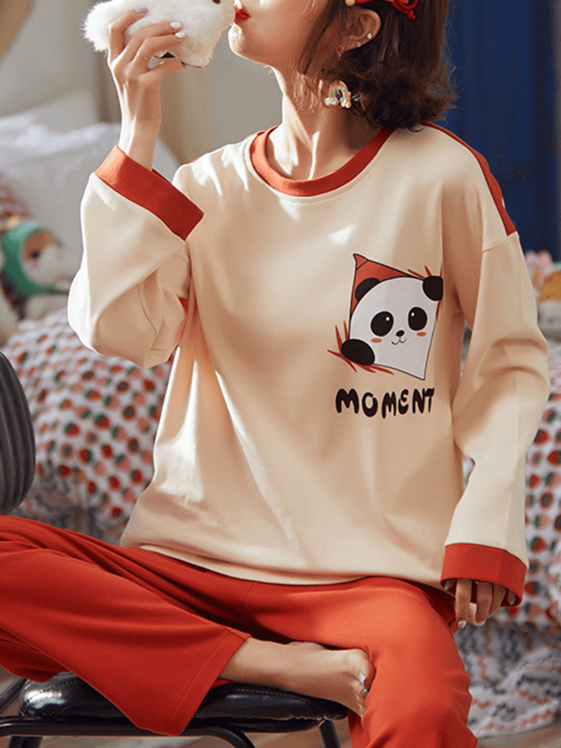 Women Cartoon Panda & Letter Print Long Sleeve Top Loose Pants Two Piece Home Pajama Set - MRSLM